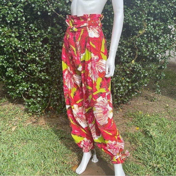 Ashley Stewart Boho Trop Print Wide Leg Ankle Puddle Hem Bag Waist Pants - Picture 9 of 12